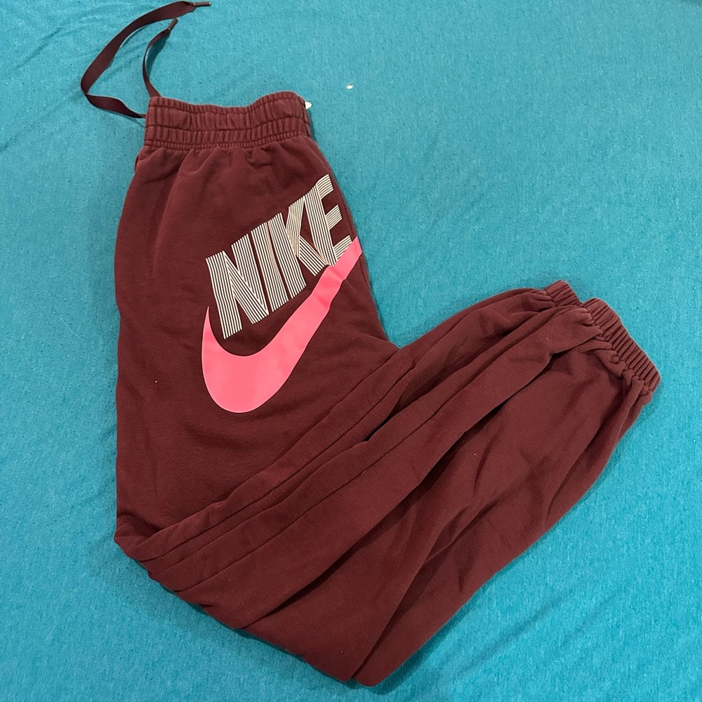 Nike Kids' Burgundy Joggers with Pink Logo